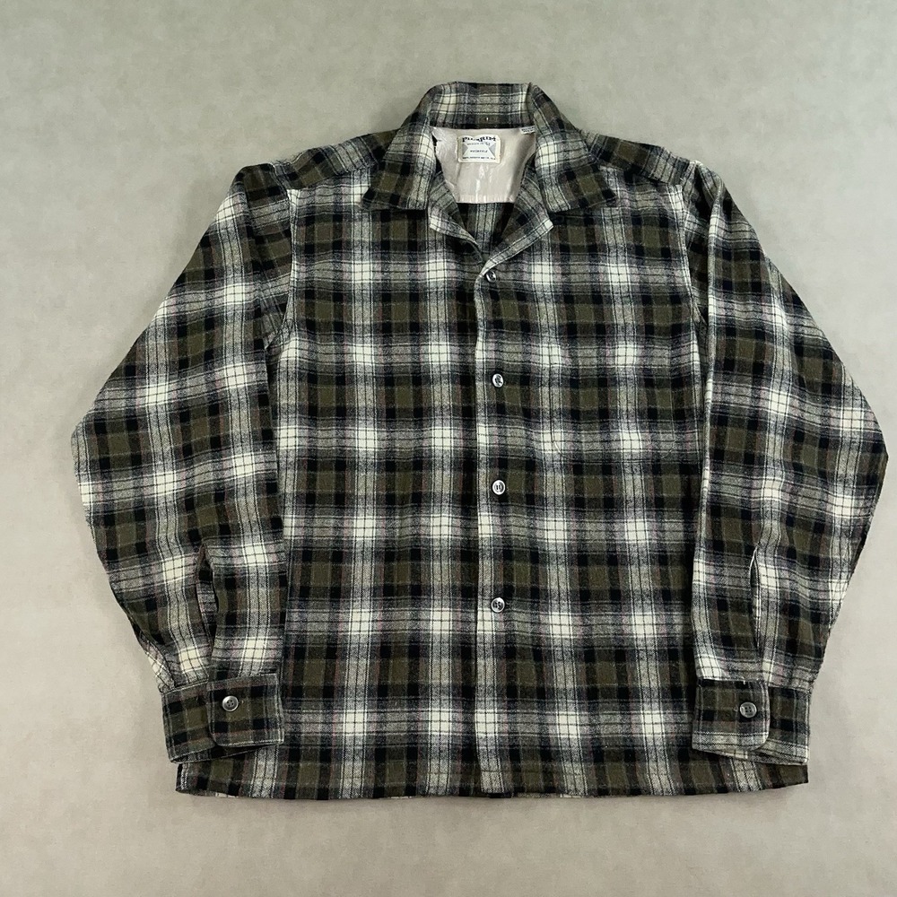 Vintage 50s 60s Pilgrim Sears Wool Plaid Flannel Shirt Loop Collar USA Medium